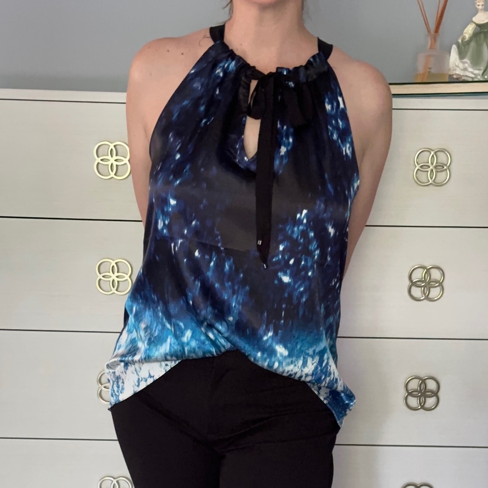 Tahari Blue Ombre Halter Blouse | Tie Neck Keyhole | Size L